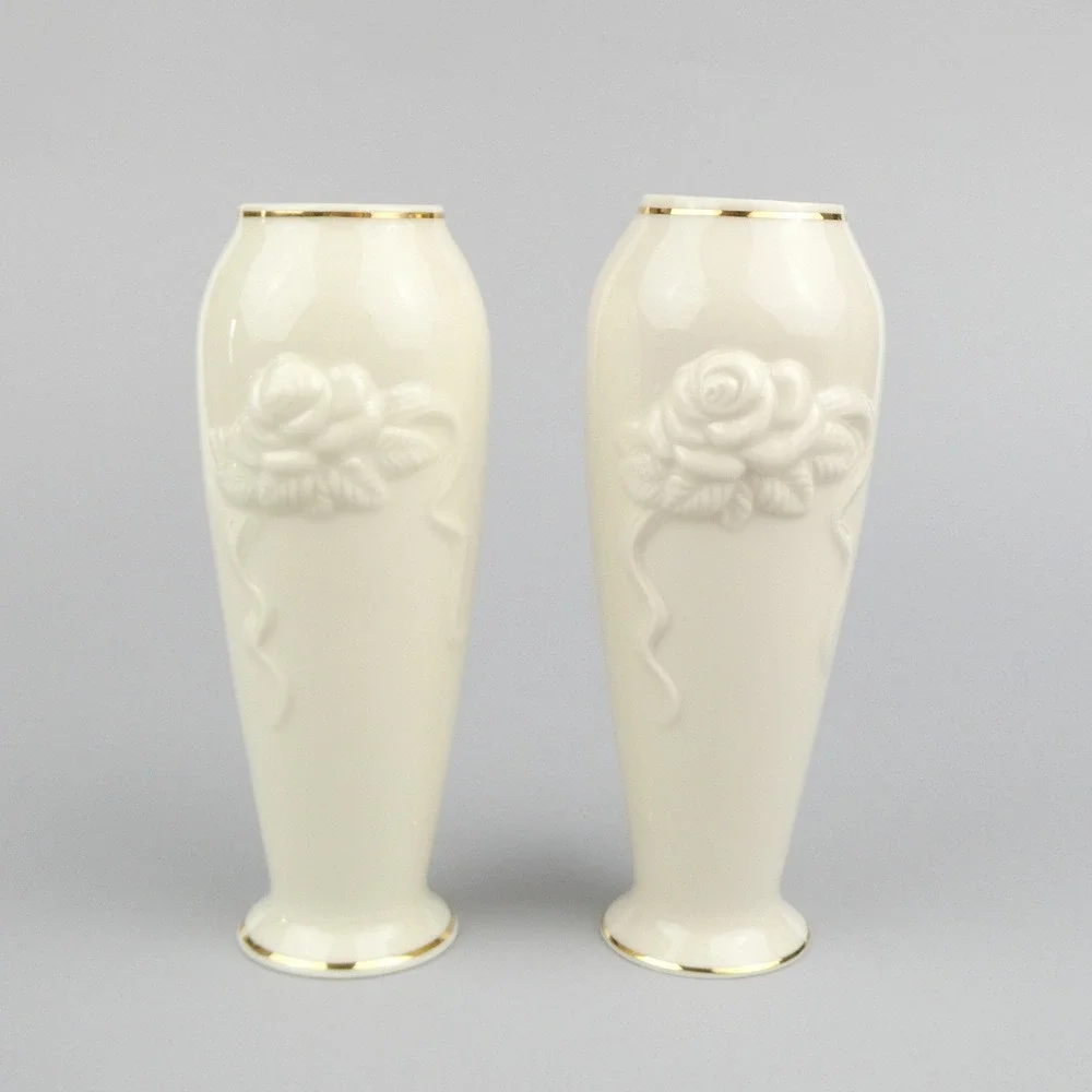 Lenox Ivory 24K Gold Trim‎ Rose Floral Small Vases Set of 2
